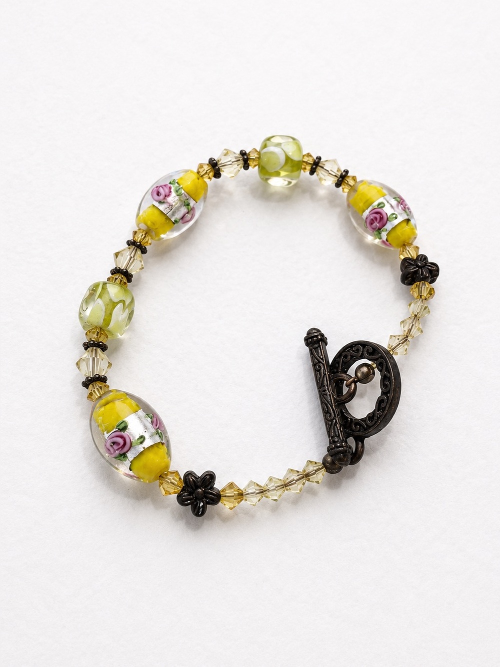 Vintage Floral Murano Style Glass Beaded Bracelet Toggle Clasp